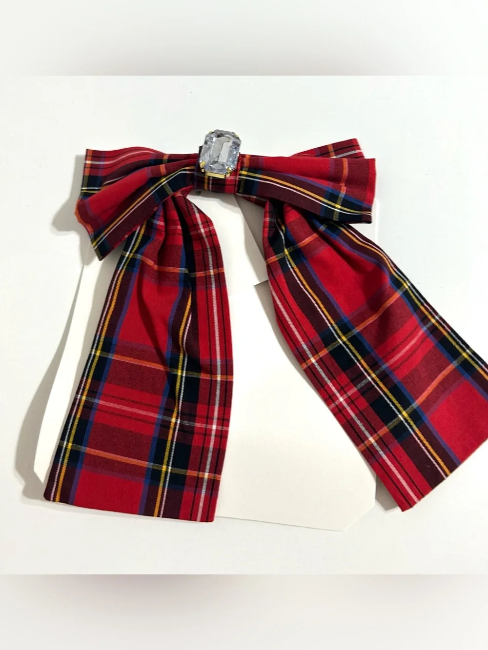 J. Crew Women’s/Girls Oversized Plaid Crystal Bow Barrette, red/black